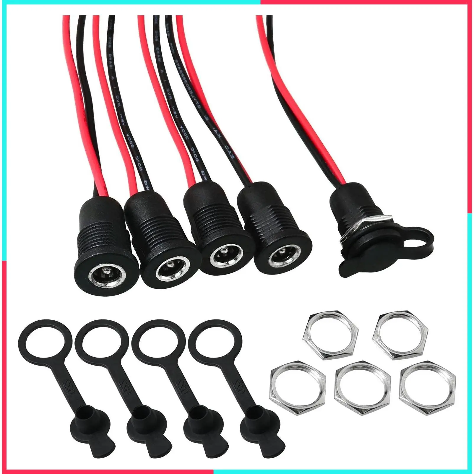 5Pcs 10A DC-099 Power Jack Cord Socket Threaded Female Mount Connector Adapter with Pre-soldered Wires and Waterproof Cover Cap, 5.5 x 2.1 MM
