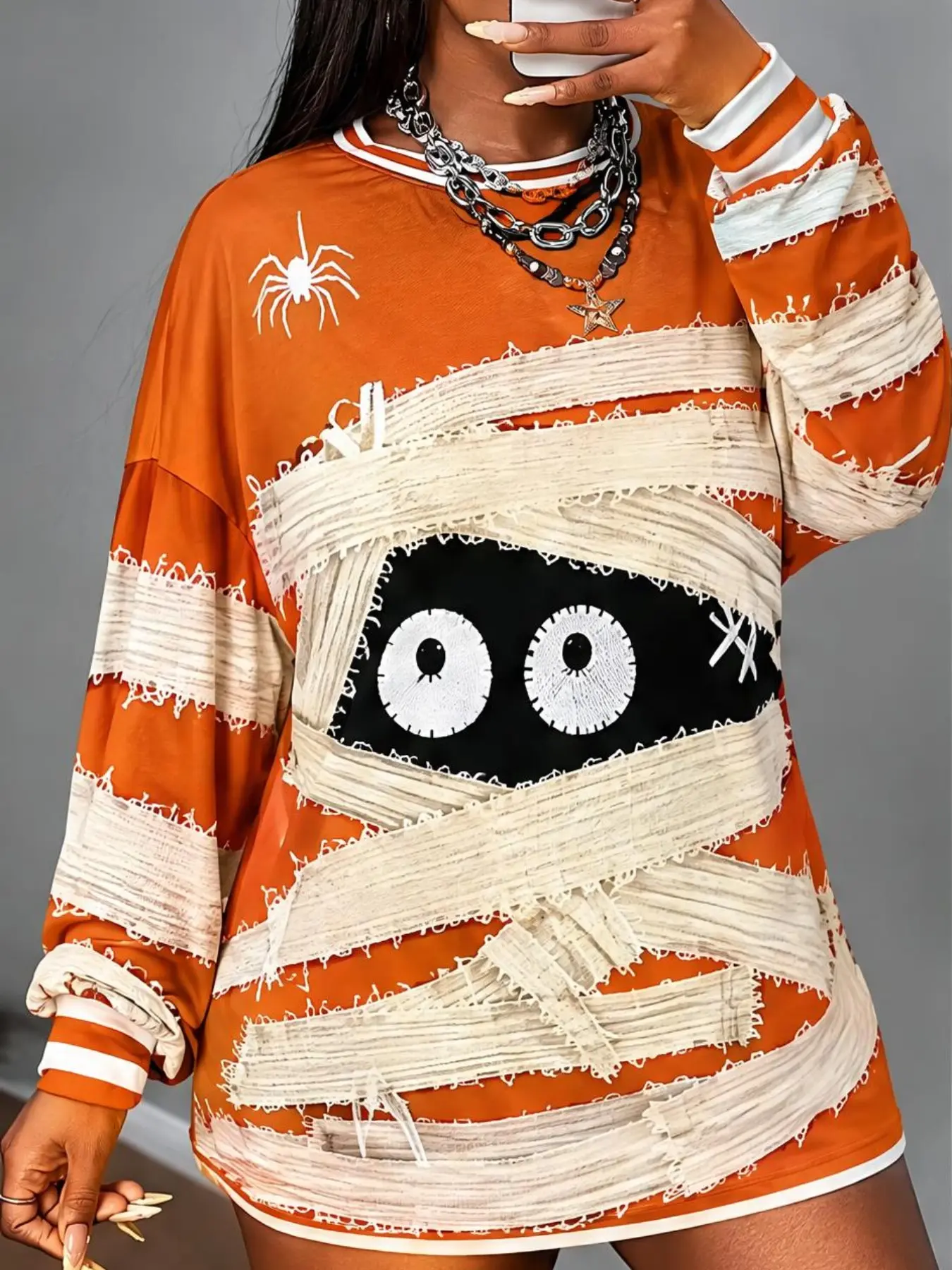 Women's Halloween Streetwear Long Sleeve T-Shirt, Loose-Fit Round Neck, 3D Print Mummy Eyes & Spider Design, All Seasons Y2K Style Top