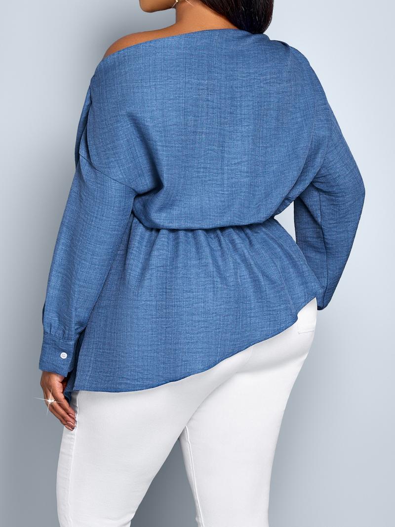 Women's Casual Fall Shirt, Plain Long Sleeve Asymmetrical Hem Top, Fitted Woven Fabric, Ideal for Daily Wear & Commuting