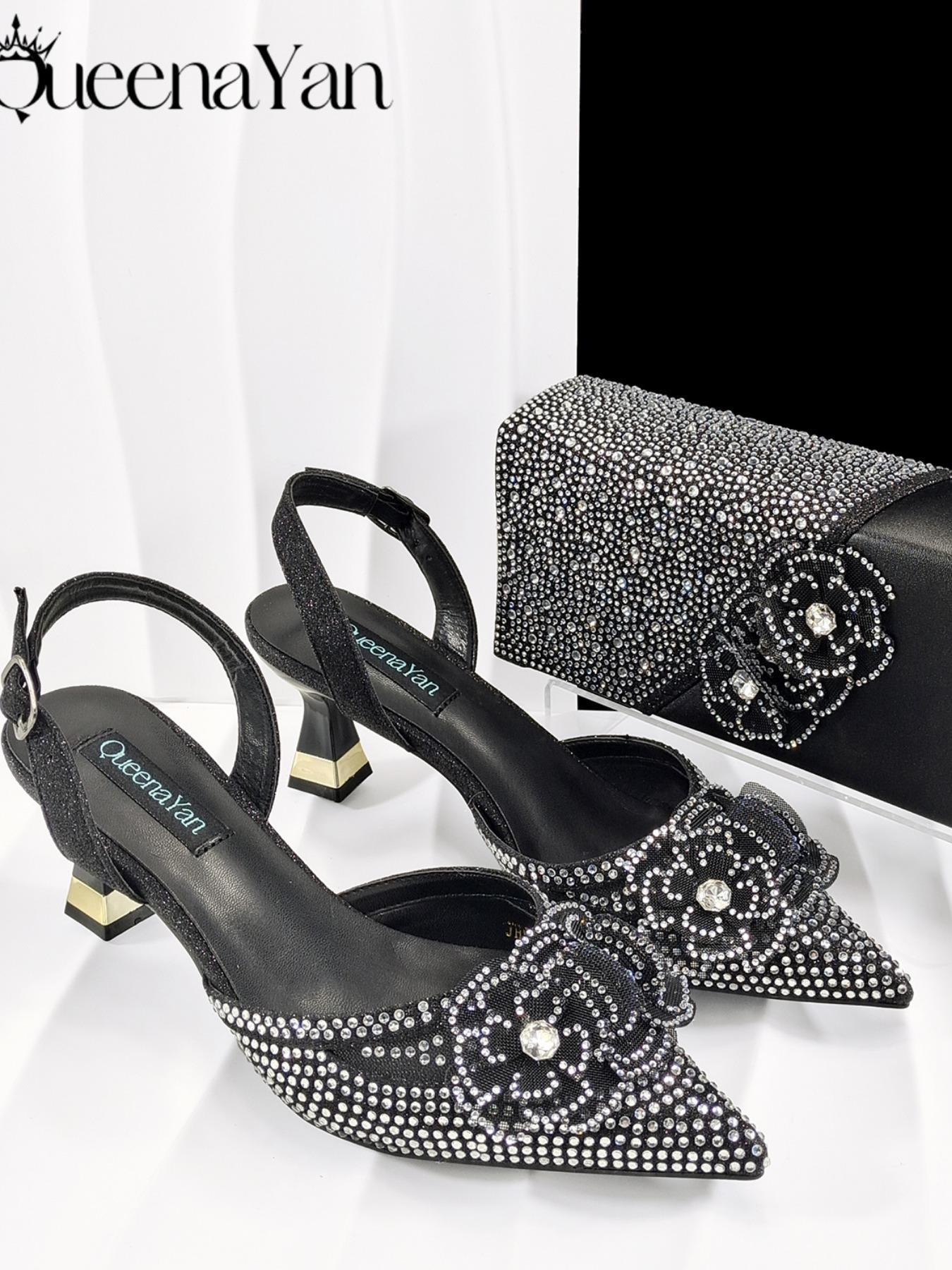 2026 Elegant Silver Pointed-Toe High Heels Shoes with Diamond Accents & Matching Bag - Ideal for Party Elegance