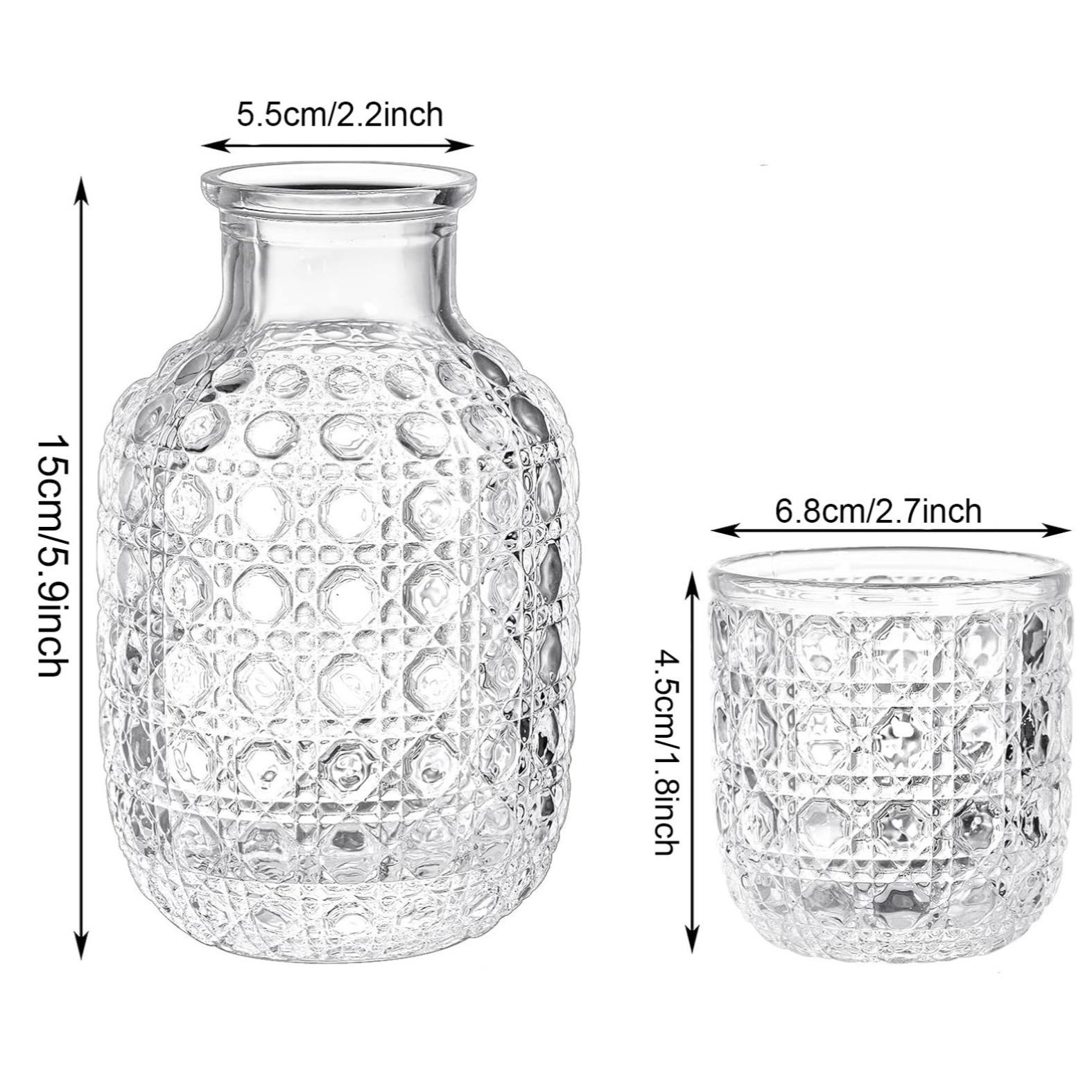 Whiskey Glass Set, 20 Oz Transparent Bedside Water Bottle with 5 Oz Cups, Vintage Elegant Glassware for Juice Kitchen Bedroom Bar Bathroom