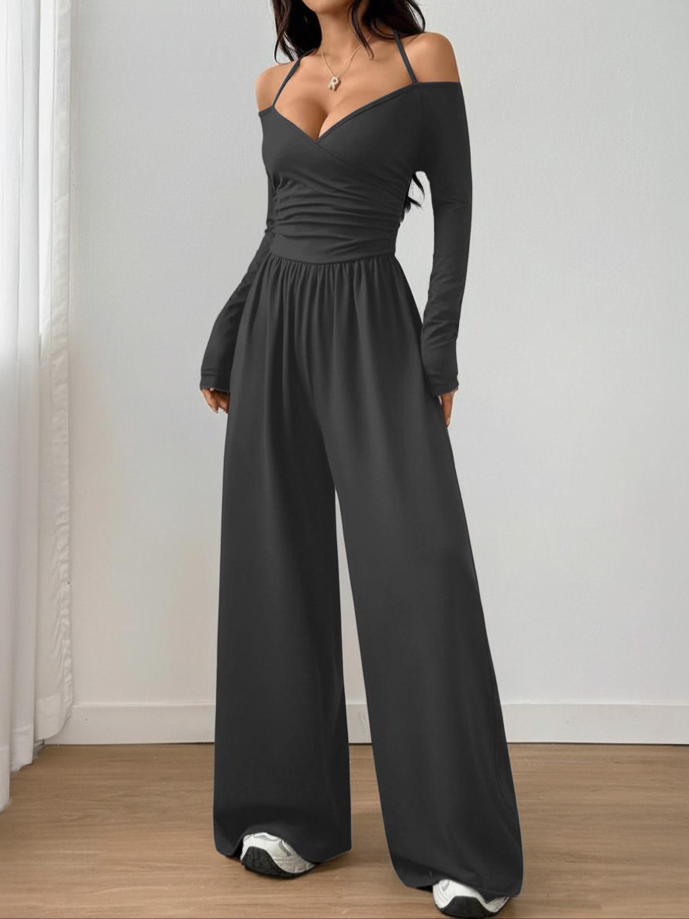 Women's Casual Solid Color Ruched Wide Leg Jumpsuit with Halter-Neck, Stylish and Comfortable Jumpsuit for Daily Wear