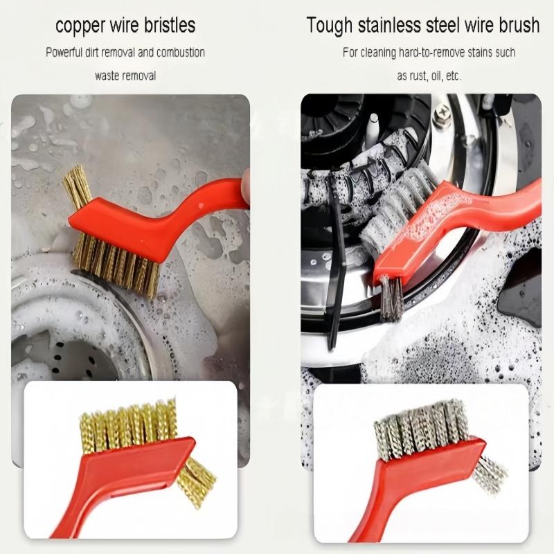 3-Piece Bent Handle Steel Wire Brush Set, Deep Clean Rust & Paint, New Stove Household Cleaning Brush, Stainless Steel Copper Bristle Brushes, Cleaning Supplies