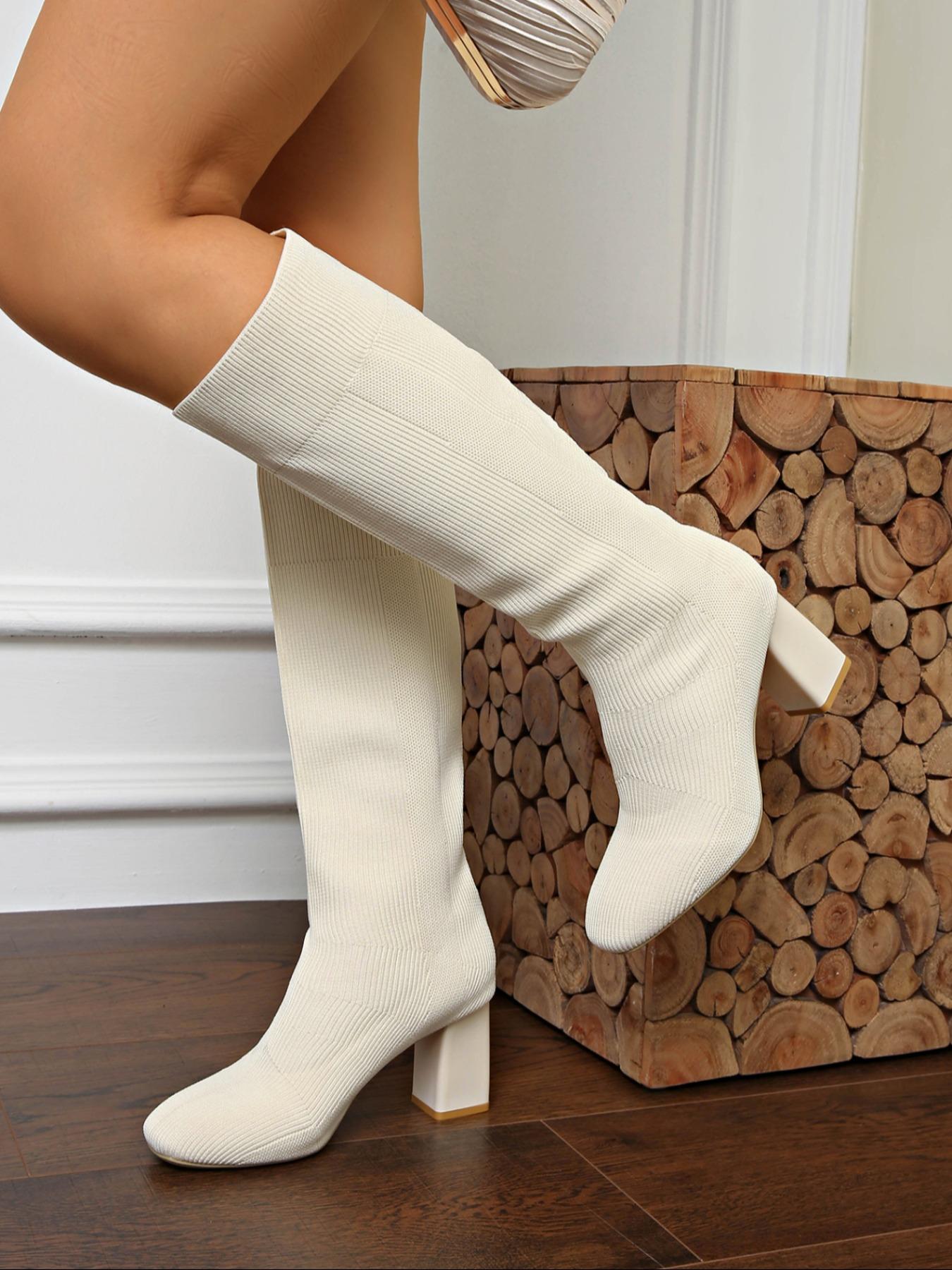 Autumn and winter elastic knitted long boots for women, high-heeled knight boots, comfortable and breathable knitted horse boots, perfect leg fit, women's fashion boots, Rubber