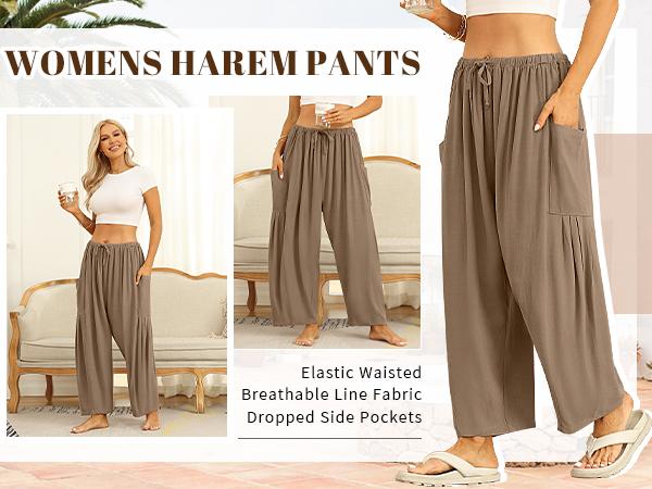 TARSE Womens Linen Blend Wide Leg Pants Oversize Casual Loose Fit Beach Palazzo Harem Pants with Pockets Vacation summer outfits Womenswear