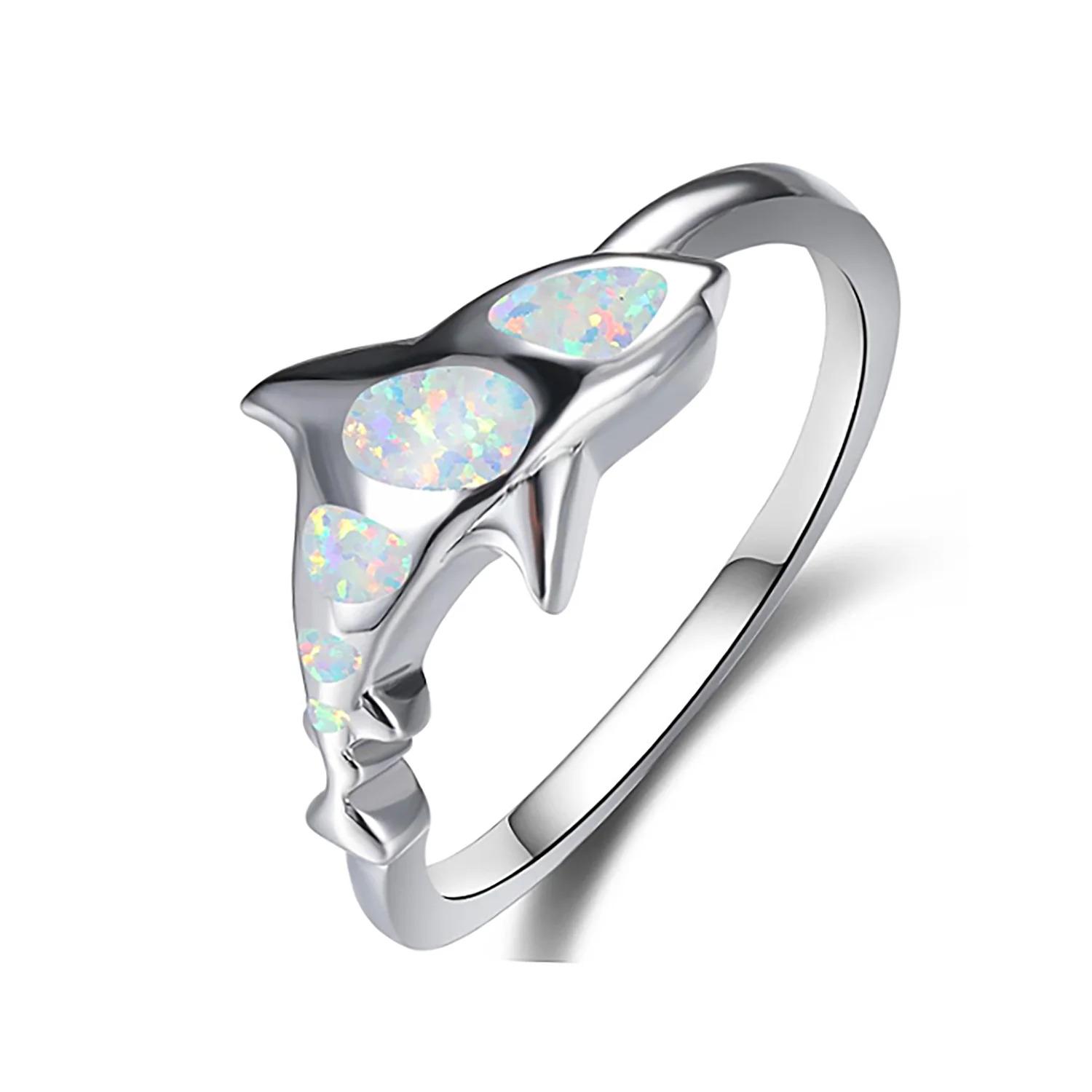 Ocean Theme Cute Shark Synthetic Blue Fire Opal Ring for Women Unique Engagement Finger Ring Gift for Lovers Jewelry Aniversary