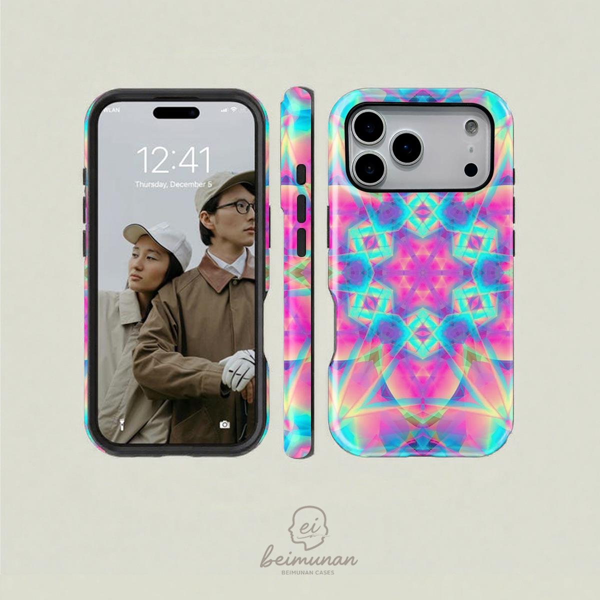 1PC Psychedelic Holographic Trippy Pattern Phone Case， Heavy Duty Shockproof 2in1 Protective Case for iPhone17 16 15 14 13 12 Pro Max， Samsung Galaxy S26 S25 S24 S23 S22 Ultra Series Gift Minimalist Fashion Shell