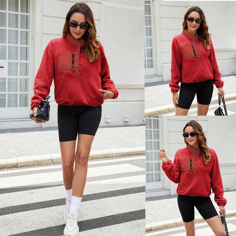 Buenoble Womens Fuzzy Fleece Pullover Sherpa Sweatshirt Long Sleeve Button Down Sweater Winter Fleece Jacket with Pockets