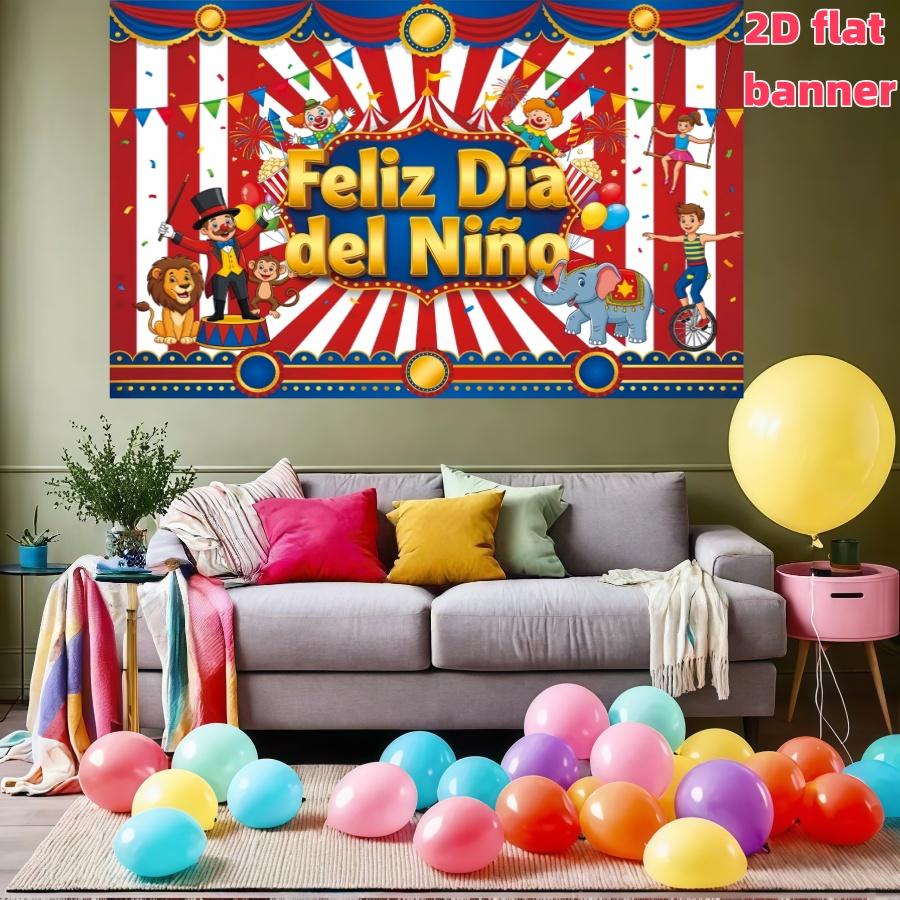 2D Flat Banner, Spanish 'feliz Día Del Niño,' Polyester, Circus Theme, Home Wall Outdoor Garden Party Decor, Large Garage Party Banner