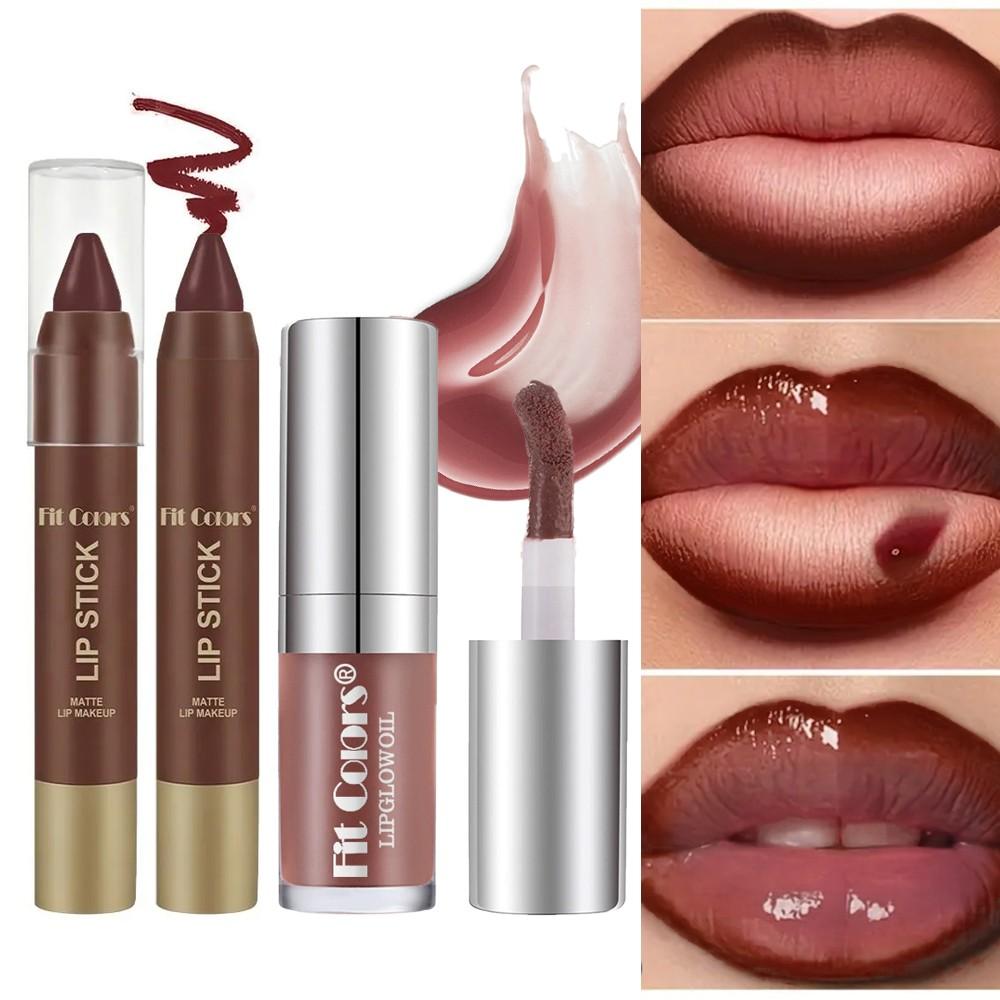 Fit Colors Matte Lip Liner Lip Bullet and Moisturizing Pearl Lip Oil Set Lip Combo, Natural Nude Glossy Lip Makeup, Long-Lasting Hydration Gift