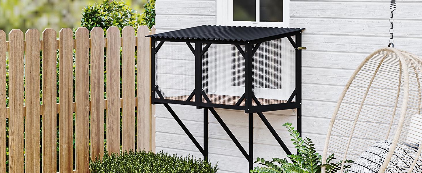 LEMBERI Cat Window Box, 43.3" Catio Outdoor Cat Enclosure for Sunbathing, Napping & Overlooking, Sturdy Window Perch for Large Indoor Cats - All Weather Use, Nature Friendly Design