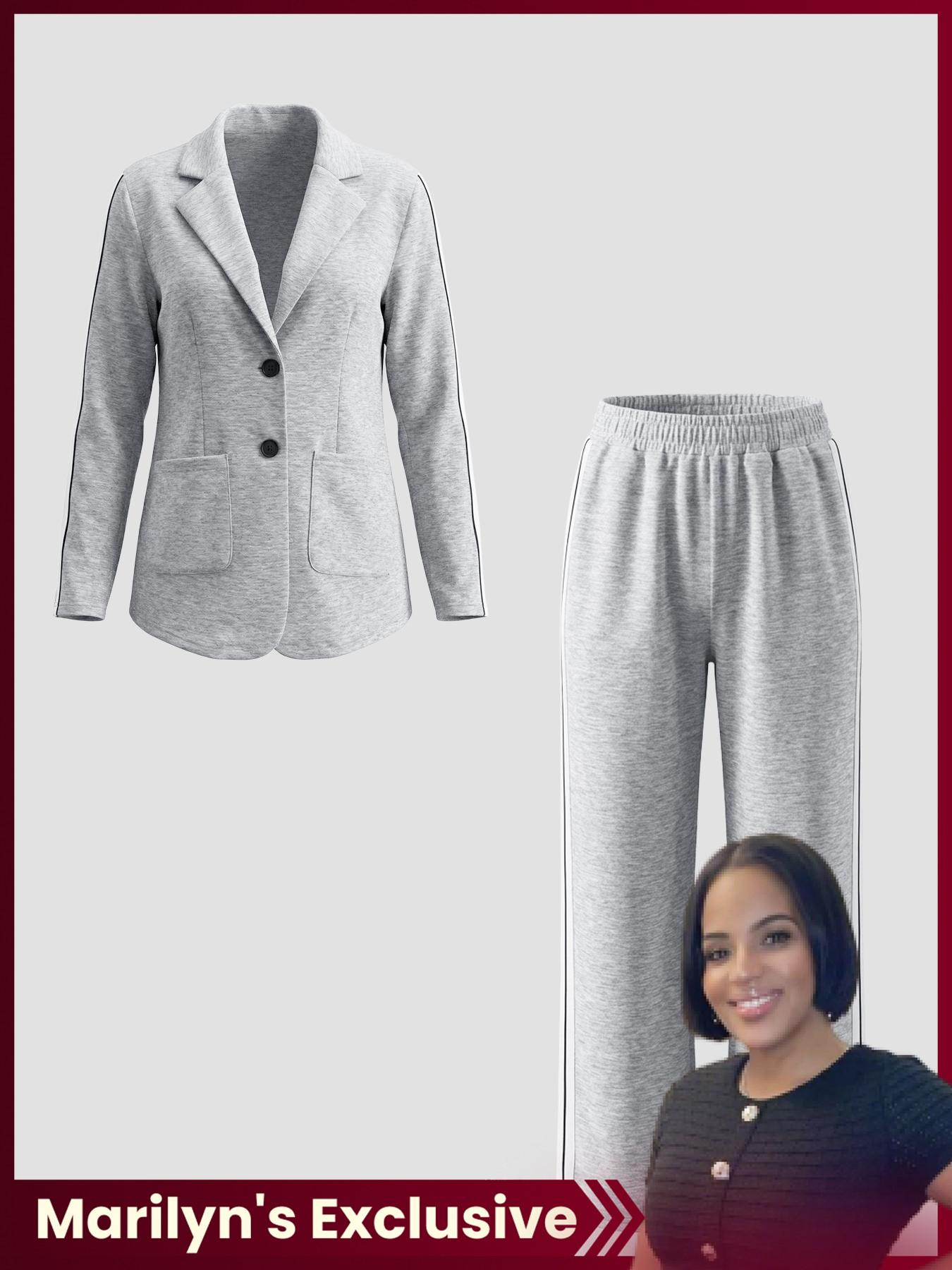 【Marilyn's Exclusive】Valentine's Day Women's Striped Print Blazer Jacket & Wide Leg Pants Set, Casual Fitted Suit for All Seasons, Stylish Ladies' Clothing Ensemble