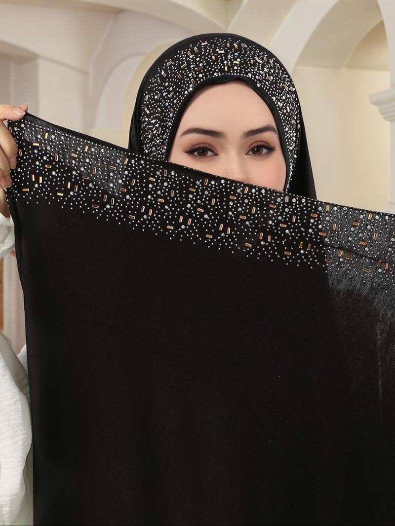 Women's Elegant Rhinestone Handmade Water Drill Headscarf Scarf, Soft Breathable Knitted Jersey Hijab Shawl Cap, All-Season Fashion Accessory