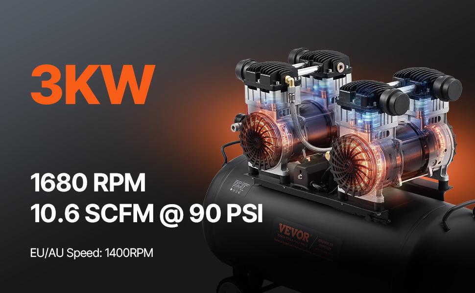 VEVOR Air Compressor, 20 Gallon Steel Tank, 4HP 10.6 CFM90 PSI Oil Free Air Compressor Max. 125PSI Pressure, 78dB Ultra Quiet Portable Compressor, for Auto Repair, Tire Inflation, Spray Painting