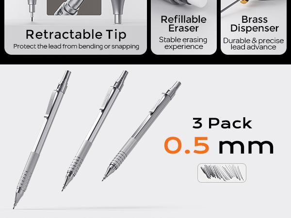 Nicpro 0.5mm Mechanical Pencils Set with Case, 3 Metal Artist Pencil With 360Pack HB Lead Refills, 3 Erasers,9 Eraser Refills, Silver