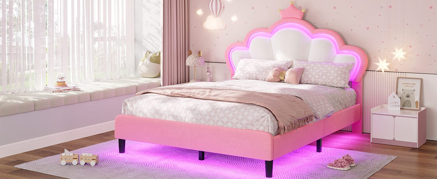 Girls Full Bed Frame with Princess Crown and LED Velvet Upholstered Platform Pink Girls Full Bed Frame with Princess Crown and LED Velvet Upholstered Platform Pink