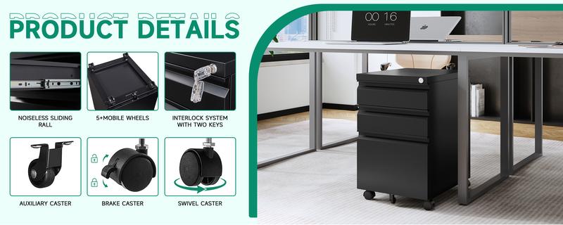 Letaya 3 Drawer Mobile File Cabinet with Lock Under Desk Metal Filing Cabinets for Home Office Organizer Letters Legal A4 Black Storage