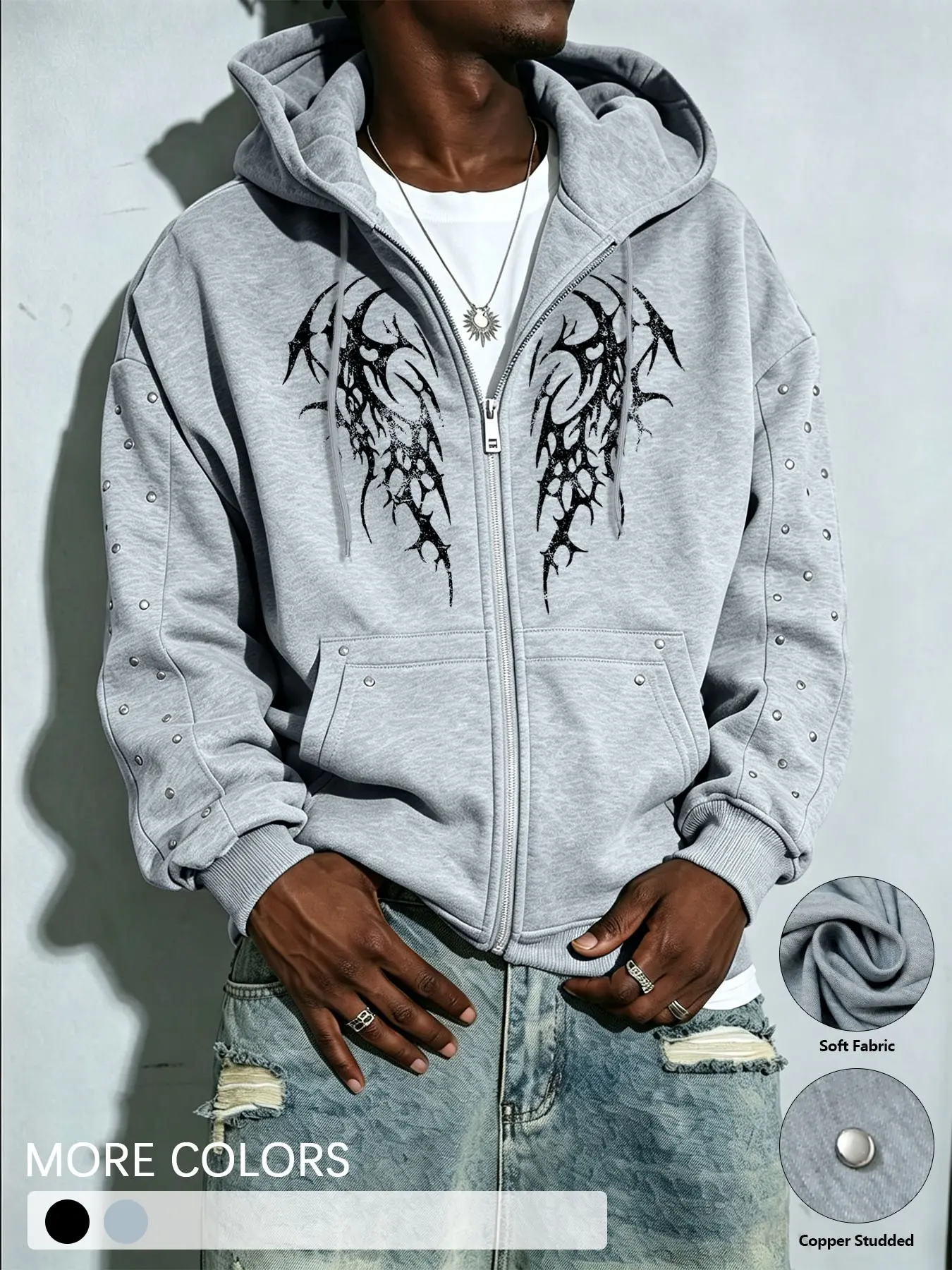 Men's Studded Detail Zip‑Up Hoodie, Dark Thorn Graphic Hooded Jacket, Gothic Streetwear Top, For Daily Outing, Casual Gathering, Trendy Street Look