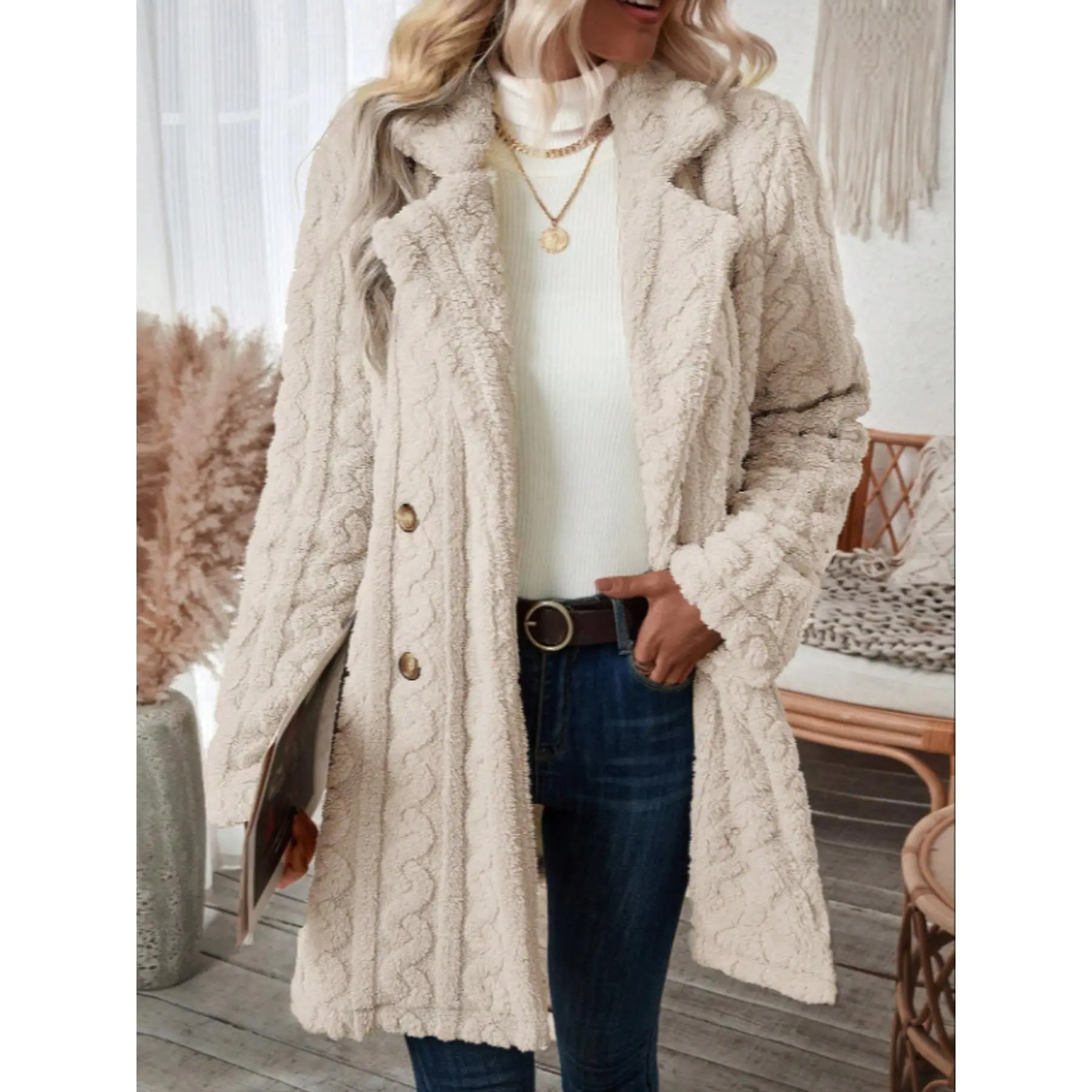 Women's Cable Knit Fleece Mid-Length Coat Lapel Double Breasted Warm Teddy Jacket Casual Winter Outerwear