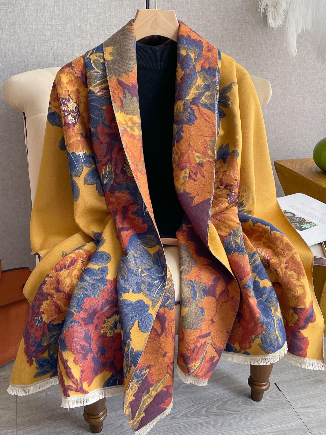 Women's Fashion Scarf, Floral Jacquard Shawl, Warm Thick Woven Fabric, Elegant Fitted Design, Perfect for Fall & Winter Wear