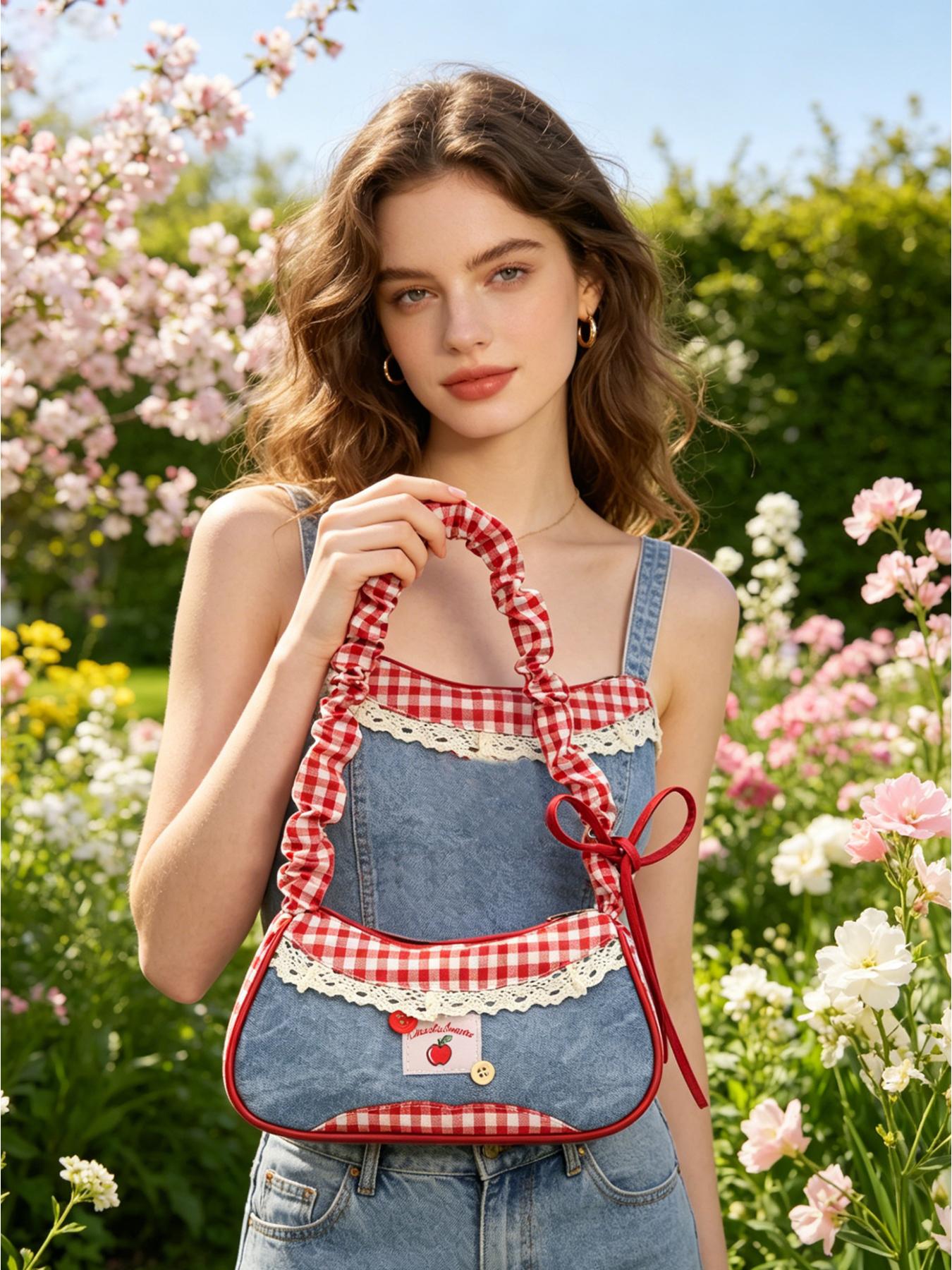 1pc Vintage Plaid Denim Shoulder Bag for Women, Cute Ruffle Strap Handbag, Stylish Underarm Purse, Lightweight Yet Spacious Daily Bag, Fits Phone Wallet Essentials, Perfect for Dating, Shopping, Travel, Sweet Style Gift for Birthday, Mother’s Day