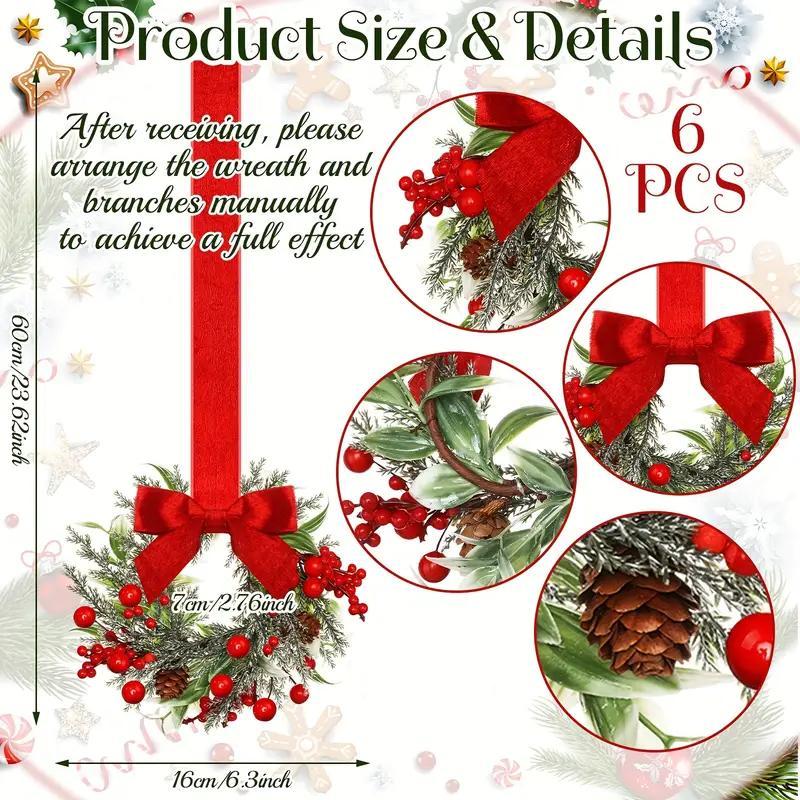 6-Pack Christmas Mini Window Wreaths with Ribbon Bows & Red Berries - Small Cabinet Hangers, Farmhouse Style Kitchen Door Decor for Christmas Party Arrangements