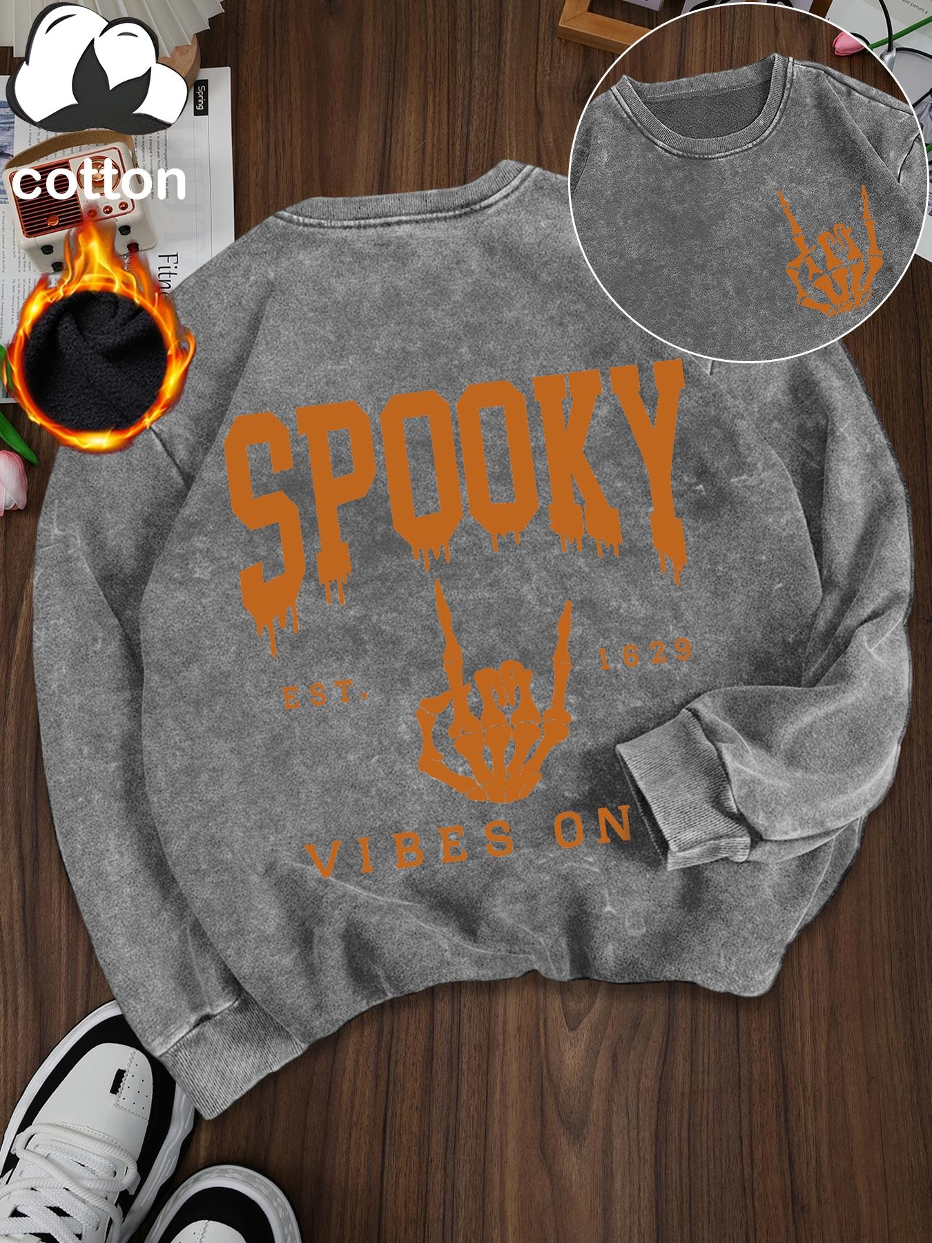 Women's Casual Vintage Wash Cotton Pullover Sweatshirt, Round Neck Long Sleeve Fleece Lined Hoodie for Fall Winter Halloween Fashion