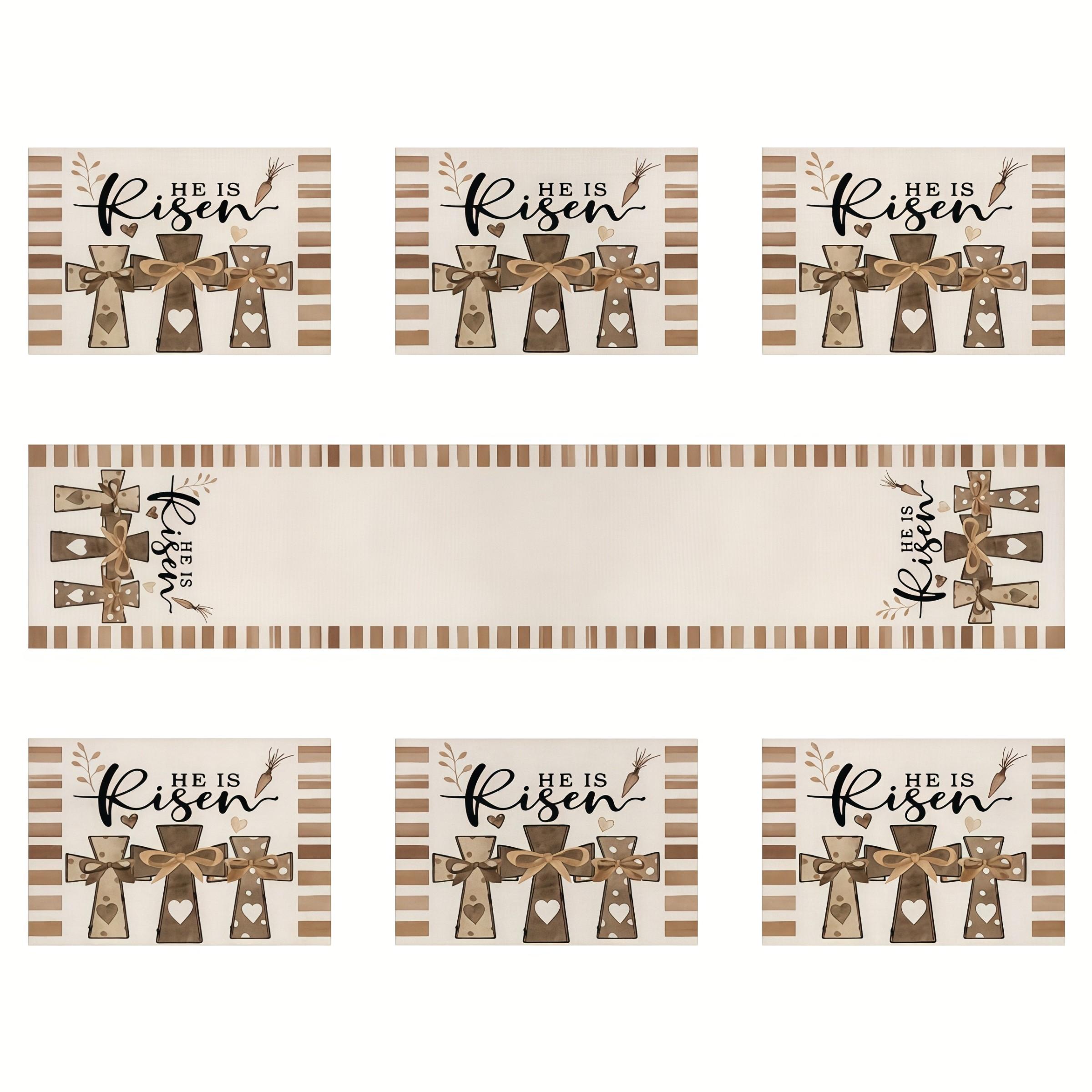 1/7pcs Easter Table Runner  Table Mats with "He is Risen" Design, Spring Holiday Decor for Indoor/Outdoor Dining, Festive Table Setting | Spring Holiday Decor | Table Mats, Easter Decorations