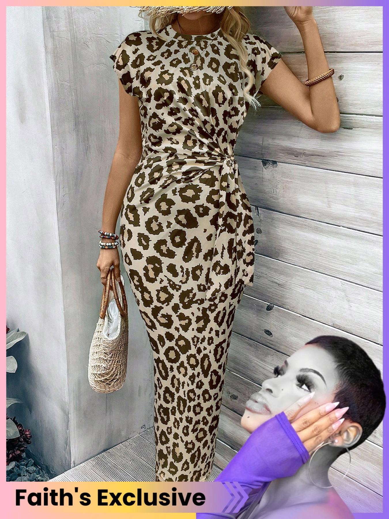 Women's Ruched Knot Front Bodycon Fit Dress, Casual Batwing Sleeve Round Neck Long Dress, Ladies Clothes for Daily Wear