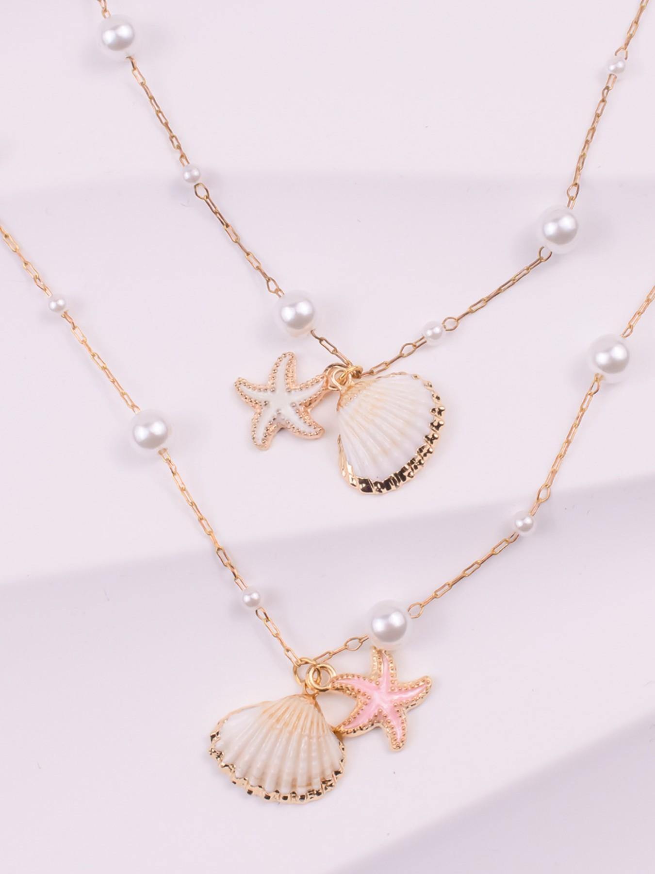 Elegant Beach Style Faux Pearl Beaded Chain Necklace with Natural Shell Lucky Starfish Pendant for Women, Fashion Jewelry Accessory