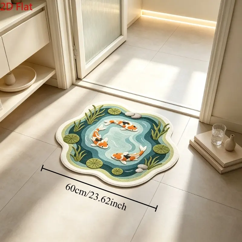 Koi & Lotus Pond Pattern Plush Area Rug, Home Decor Rugs, Decorative Rug, Special-Shaped Non-Slip Washable Floor Mat for Bedside, Sofa and Coffee Table, Bedroom Rugs