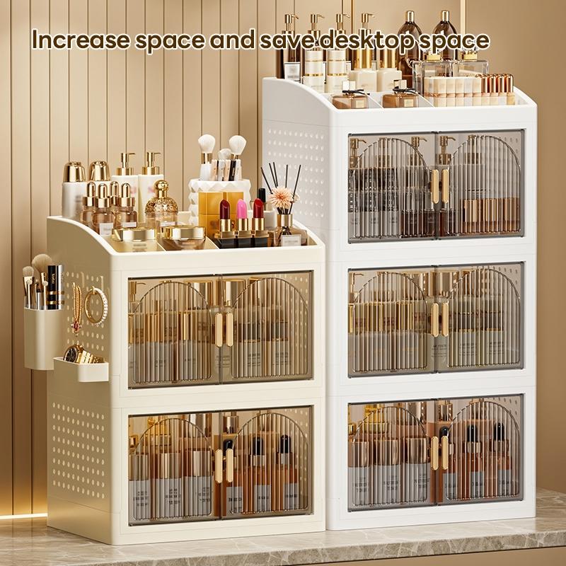 33cm*24.5cm Small Capacity Plastic Storage Cabinet, Magnetic Transparent Double Door, Organizer for Cosmetics and Small Items, Durable and Stylish
