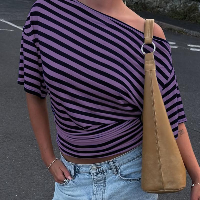 Women Summer Fashion Short Sleeve Asymmetrical One Shoulder Striped Asymmetric Hem T Shirt Tops Tee Casual Daily Tops