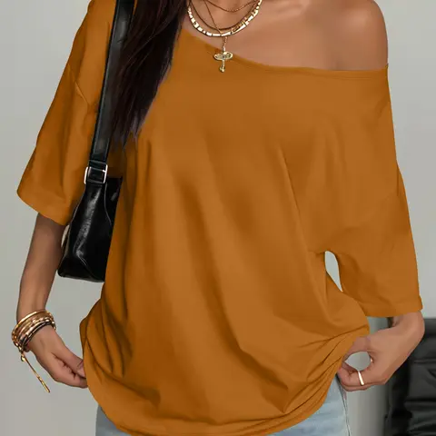 Plus Size Women's Asymmetrical Neckline Design Top All Season Blouse Shirts, Trendy Fashion Casual Short Sleeve Fitted Tee, Lightweight Daily Wear for Ladies