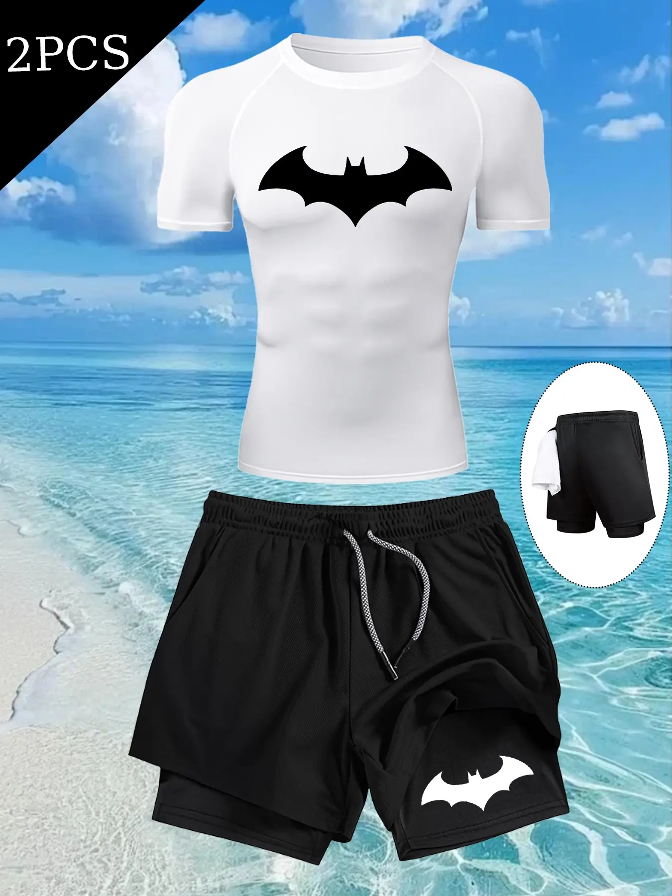 Men's Bat Print Quick-Dry Fitness Two-Piece Set, Activewear Fitness Outfit, Athleisure Workout Set, Round Neck High Stretch Tight Top, Drawstring Pockets Short Pants, Basketball Running Training Gear, Workout Running Clothes, Sporty Outfit