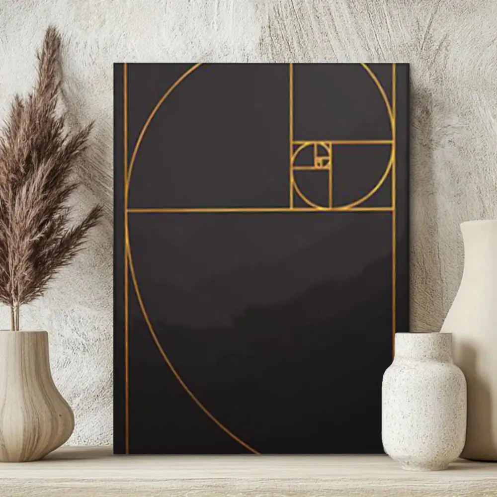 Modern Minimalist, Canvas Wall Art, Golden Ratio Spiral Geometry, Matte Black Background With Gold Foil Lines, Living Room Bedroom Office Decor, 1 Piece Unframed Print