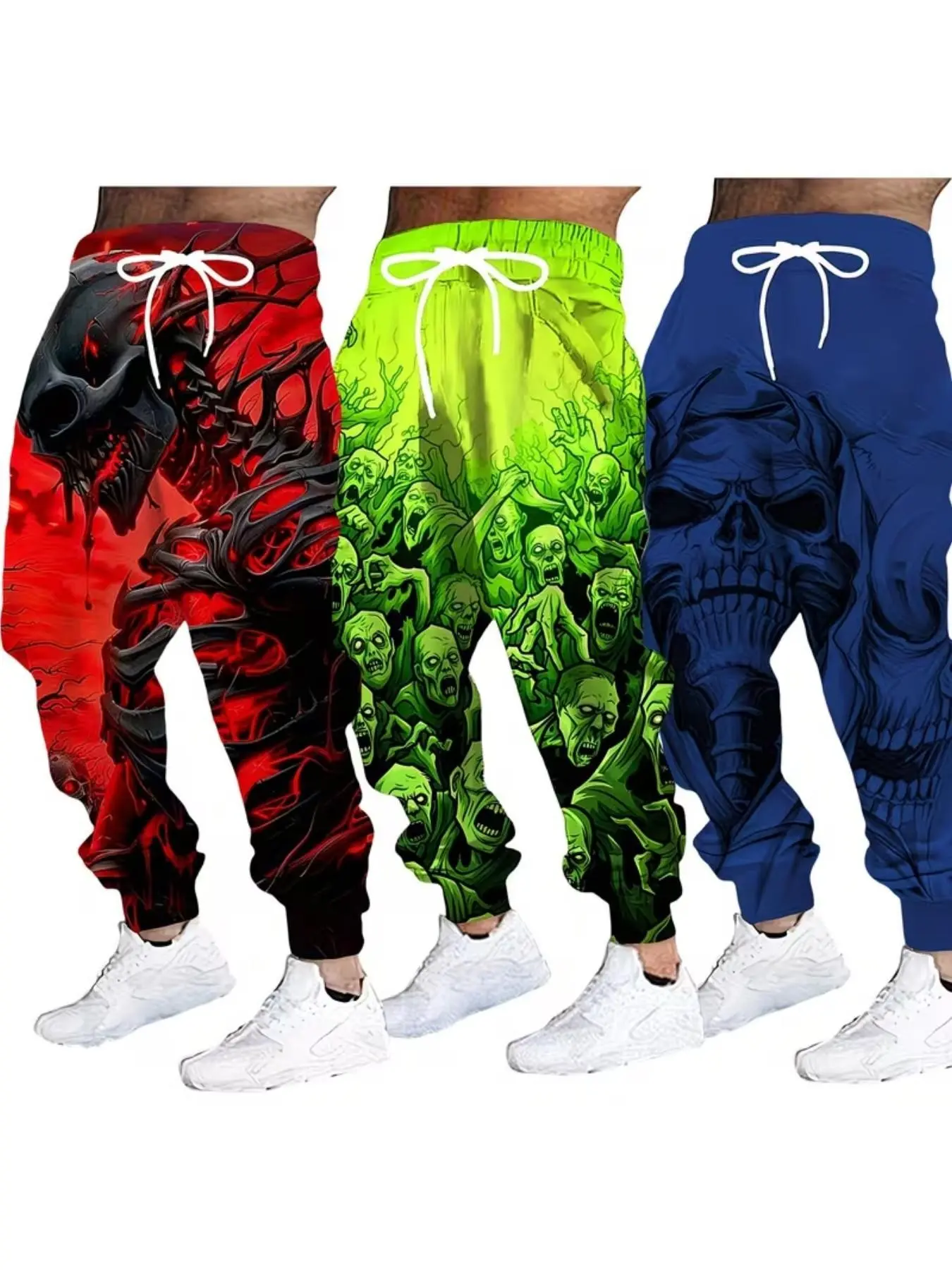 3-Pack Men's Halloween Themed Sweatpants, Multi-Color Skull Zombie Monster 3D Print, Drawstring Waist, Casual Long Pants, Gothic Horror Style