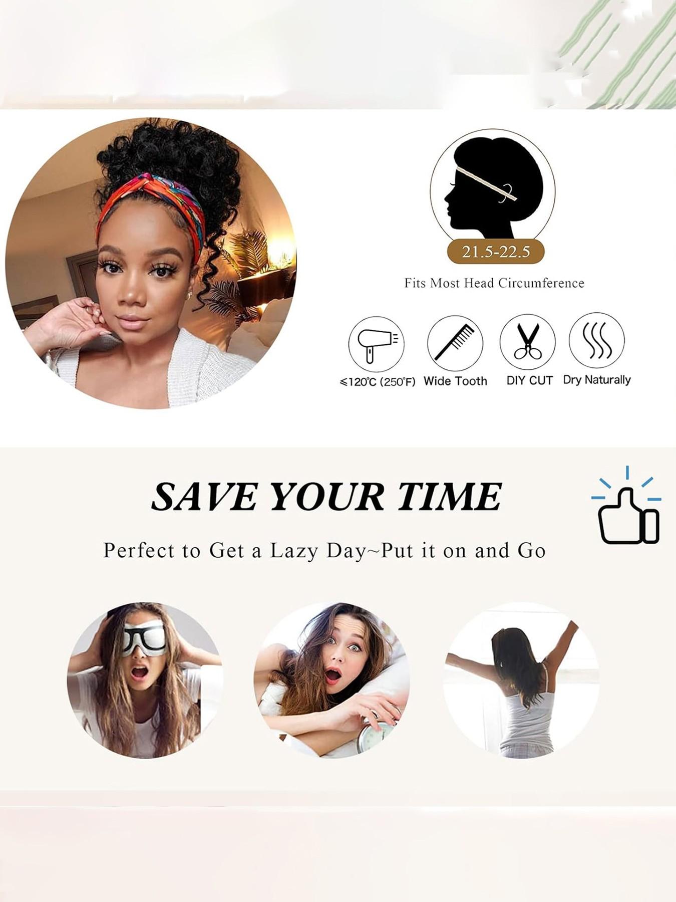 Two-In-One Curly Wig Set for Women, Voluminous Gradient Ponytail with Headband Scarf, Perfect for Festive Events