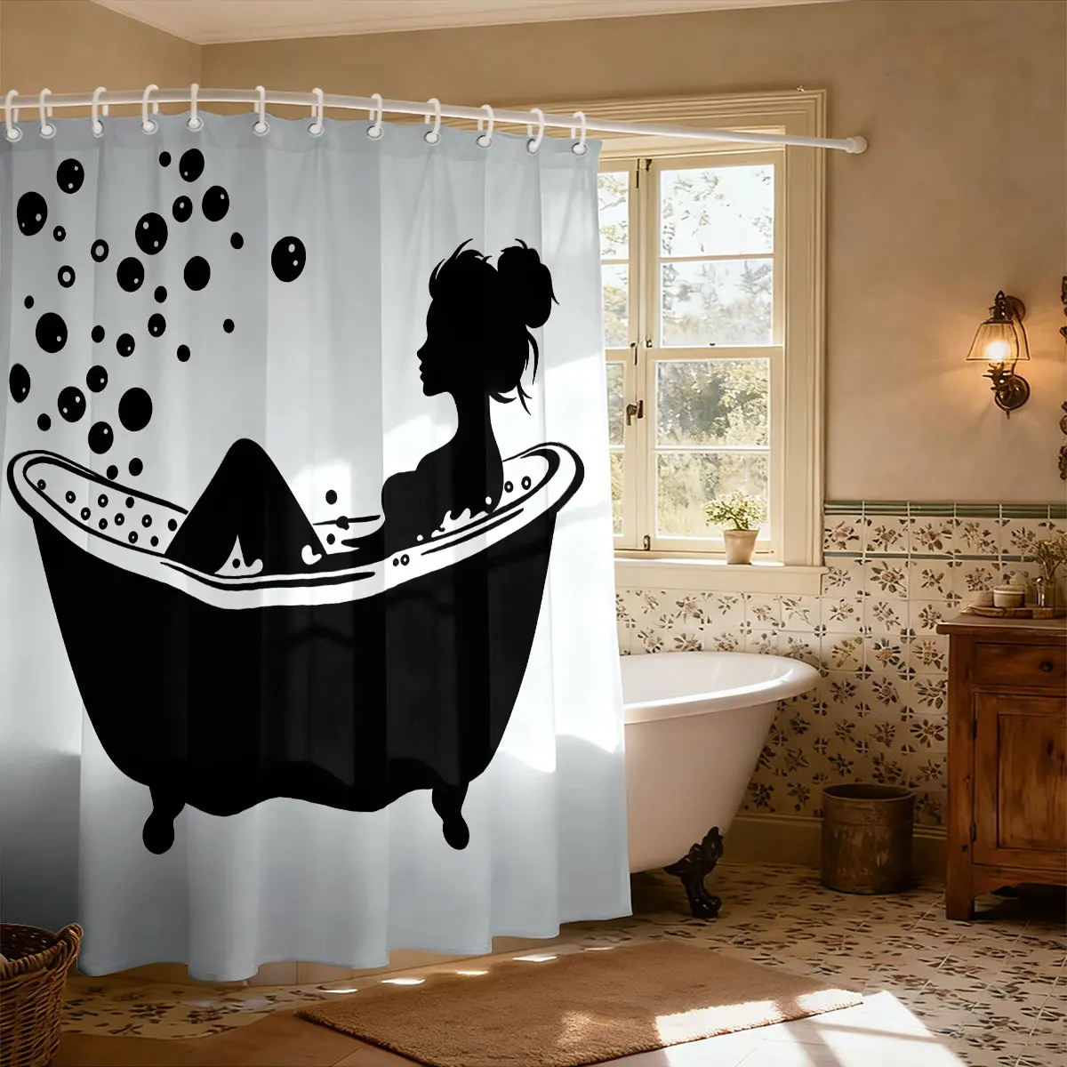 1‑Piece Digital‑Printed Shower Curtain,Black‑White Silhouette Of Beauty In Bathtub,With Hooks,Suitable For Windows,Walls,Bathtubs,Bathroom Home Decoration,Ideal Gift