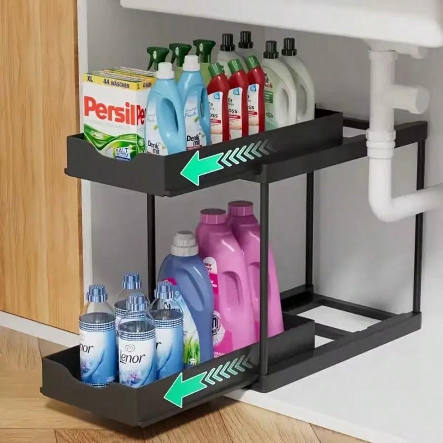Adjustable Storage Rack, Single and Double Layer Sink Under Cabinet Organizer, Pull-Out Metal Kitchen Bathroom Shelf, Cleaner Supplies Organizer