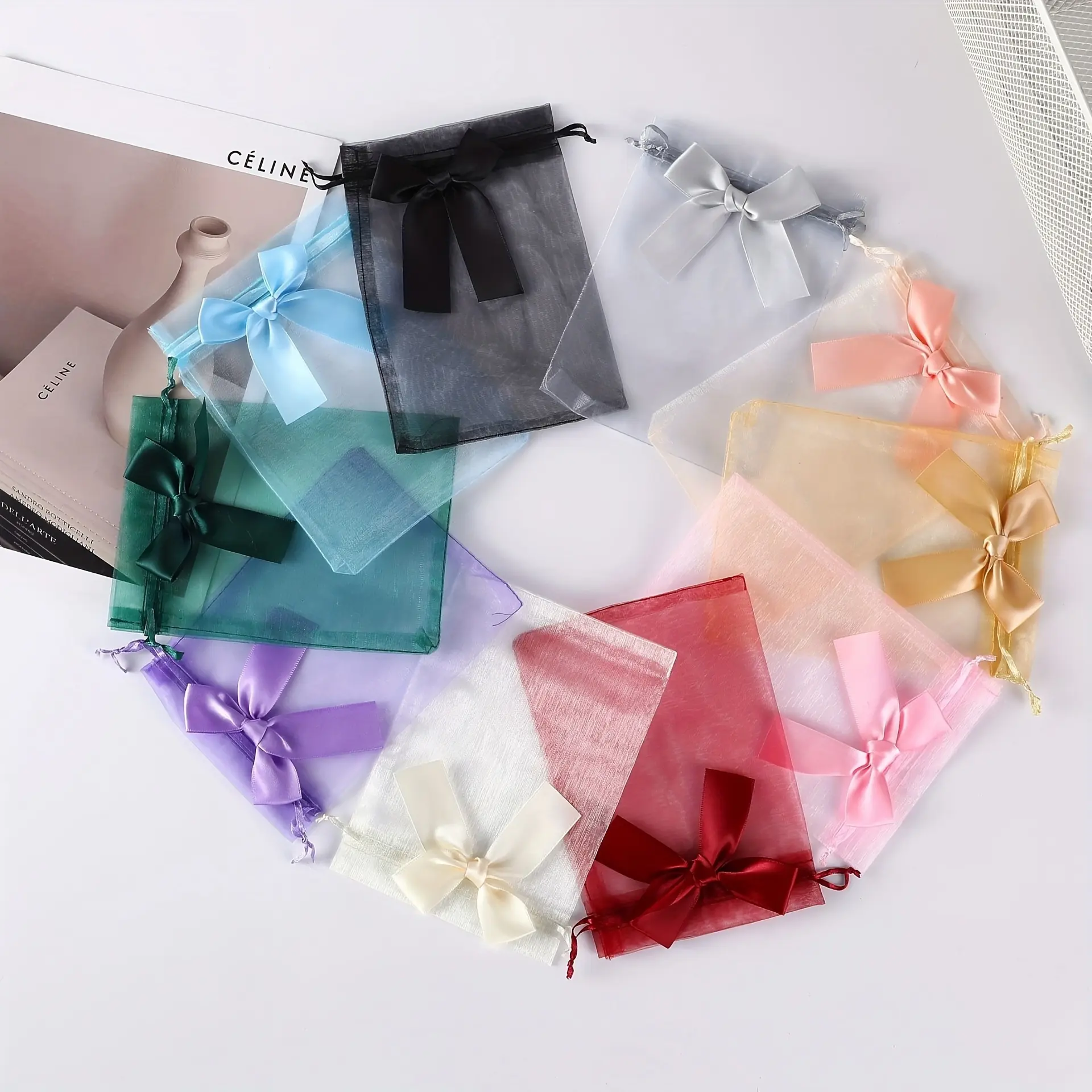 "Transparent organza bag" 50pcs/lot transparent organza bag, jewelry bag, candy rose drawstring bag, wedding gift bag, party gift bag