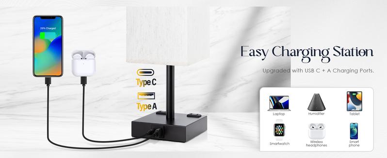 Touch Control Table Lamps Set of 2 - Nightstand Lamp for Bedroom with USB C+A Charging Ports & AC Outlets, 3-Way Dimmable Bedside Lamp Flaxen Fabric Shade for Bedroom Living Room(Bulb Included) nightstand lamp lamps Lighting Decorative Modern room stuff