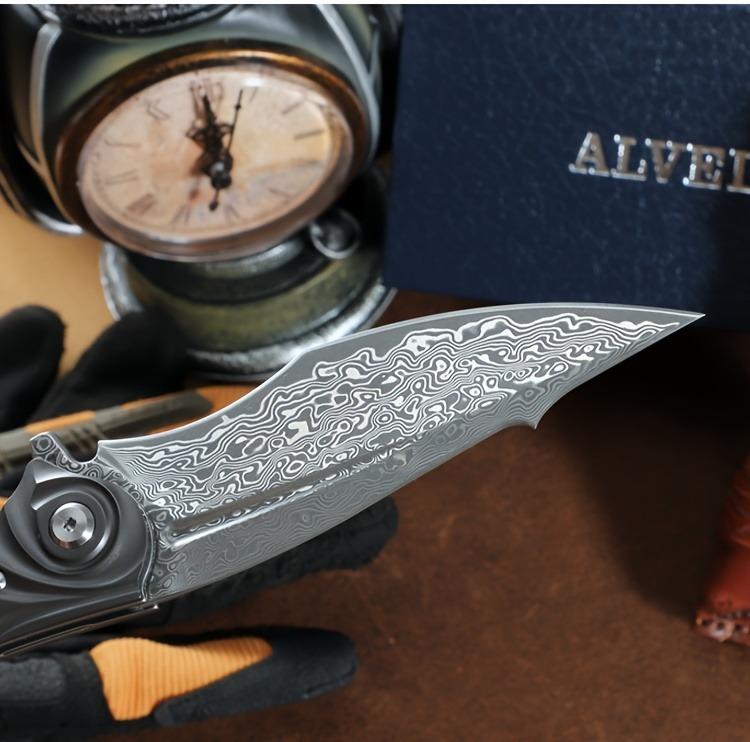 ALVELY Men's Tactical EDC Pocket Knife, Handmade Damascus Steel Folding Pocket Knife with Leather Case, Liner Lock and Charcoal Handle, Pocket Clip, Mountaineering Travel Camping Knife, Rescue Adventure Outdoor Suitable for Carrying