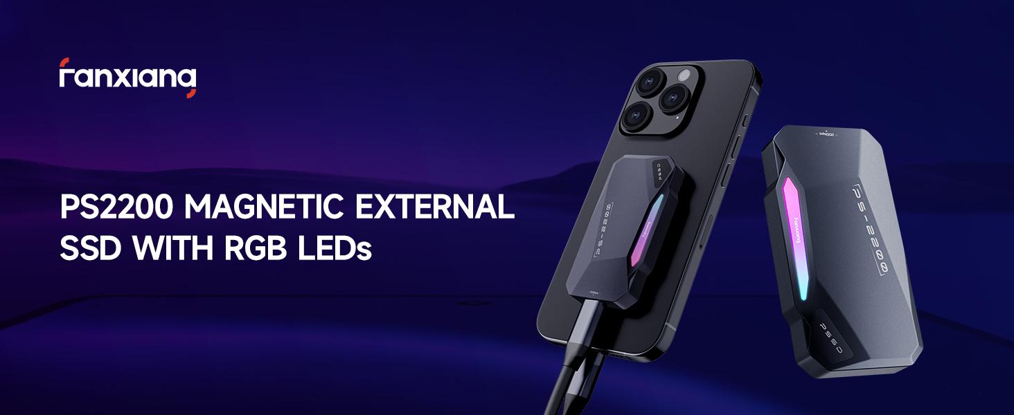 FANXIANG PS2200 1TB Magnetic Portable SSD(Compatible with Apple 15 and above), 2050MB/s USB 3.2 Gen 2x2 Magnetic SSD, 4K ProRes Recording and Storage, with Magnetic Ring, RGB Touch Lighting, External SSD for iPhone/Android/PC/Mac