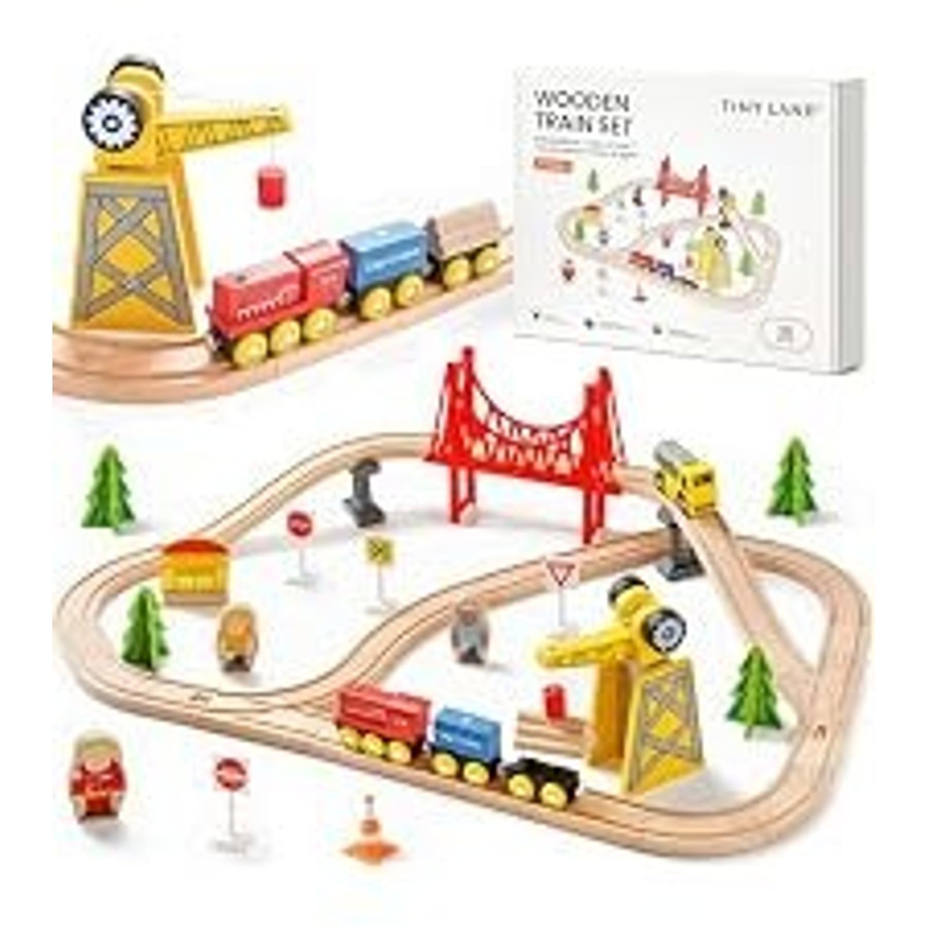 110pcs Wooden Train Set with Folding Storage Box, Wooden Train Track Toy for Kids Ages 3-7, Includes Character Figures for Imaginative Play