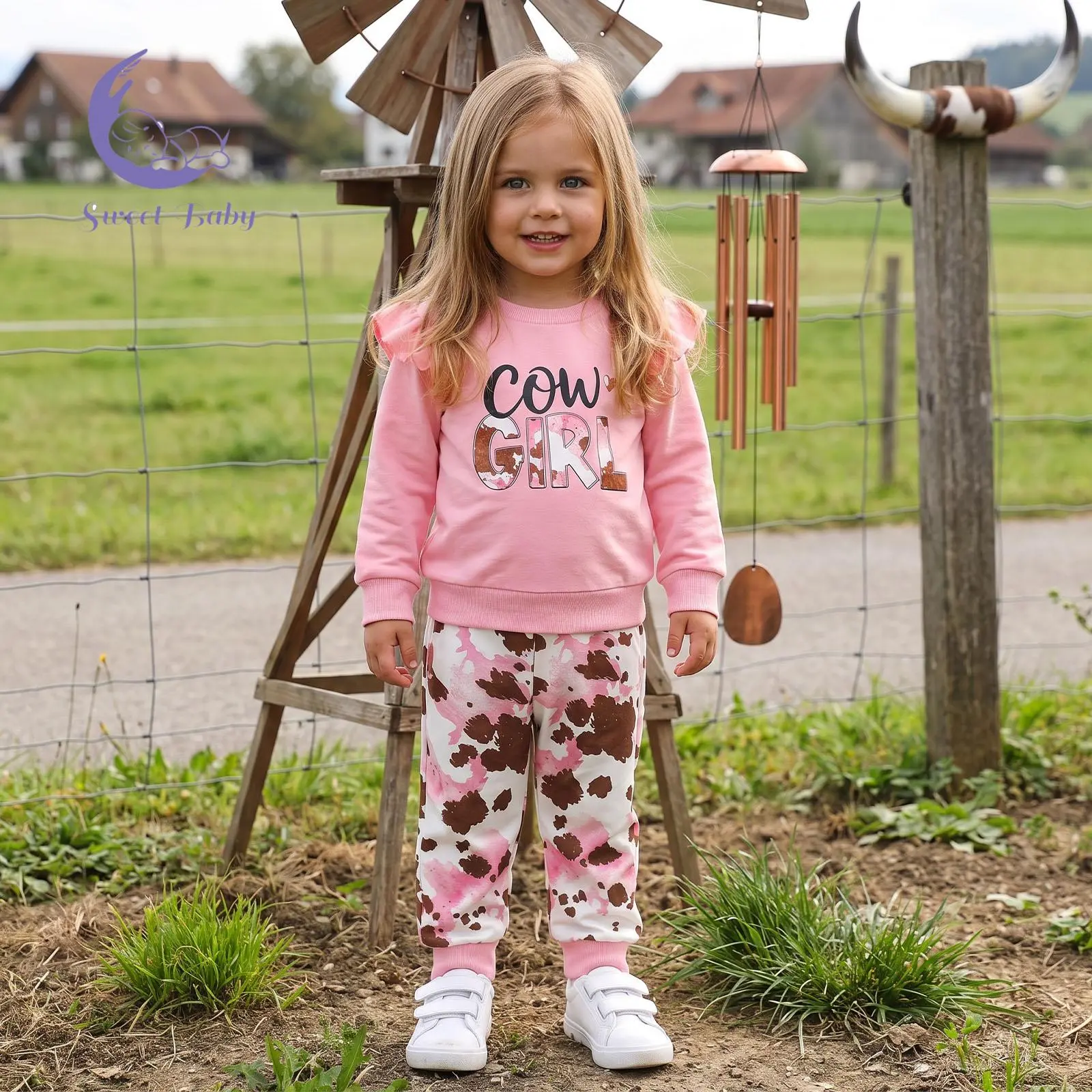 Toddler Baby Girls Western Outfit Cowgirl Long Sleeve Sweatshirt with Pants