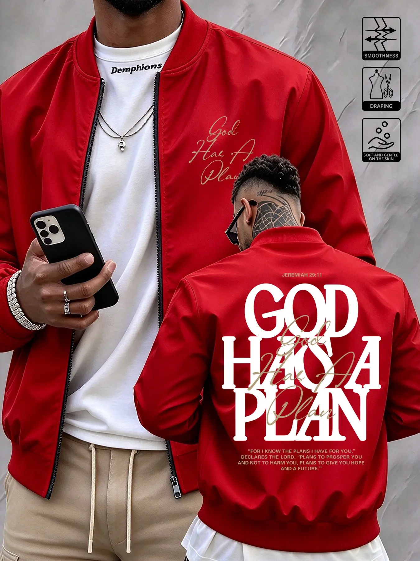 Men's Zipper Pilot Jacket, Biblical Verse Print, Christian Faith Casual Street Style, Lightweight Outerwear, All Seasons