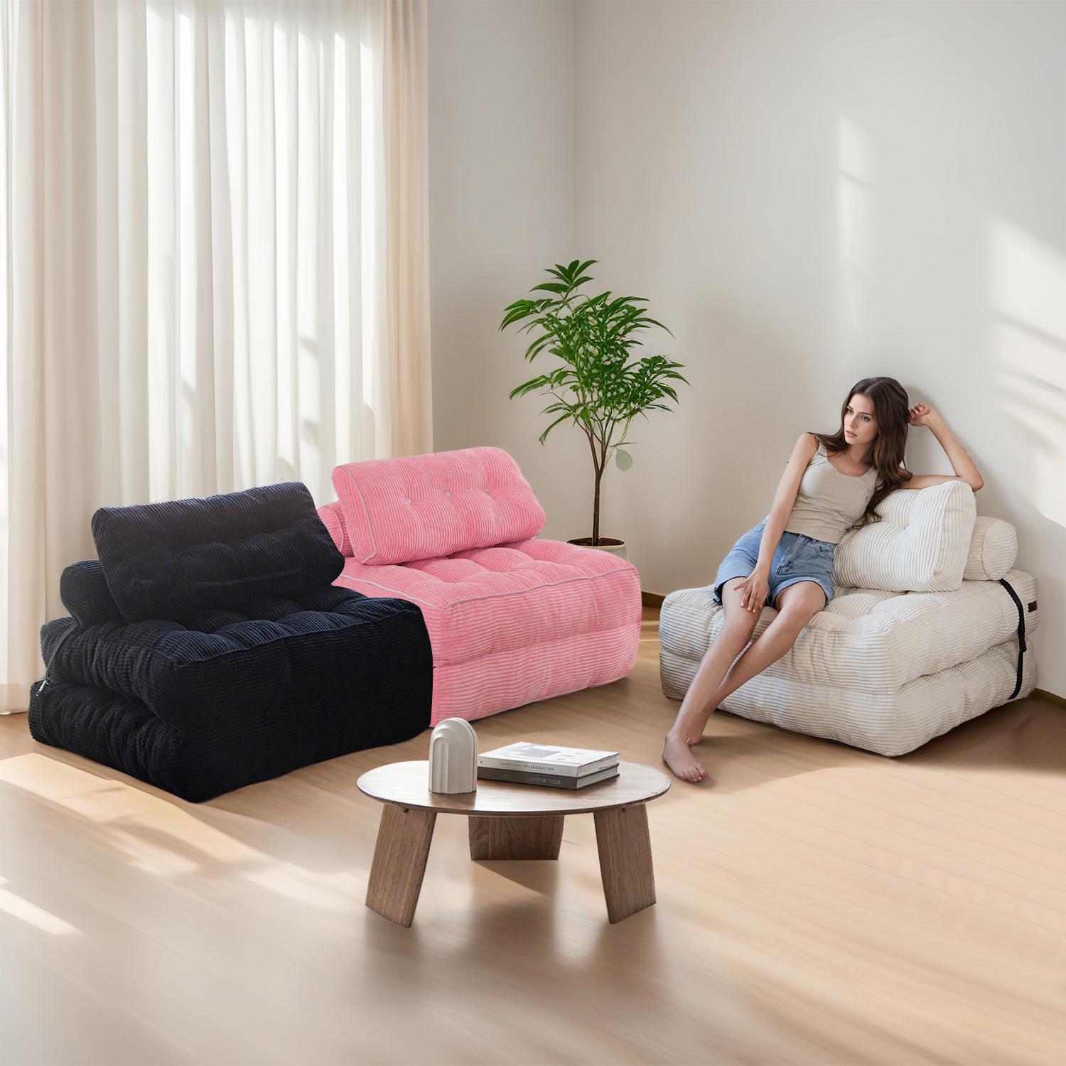 Maxyoyo Corduroy Foldable Sofa Bed - 3-in-1 Guest Bed & Lounge Chair w/ Pillow | Portable Foldable Mattress for Living Room, Dorm, Office