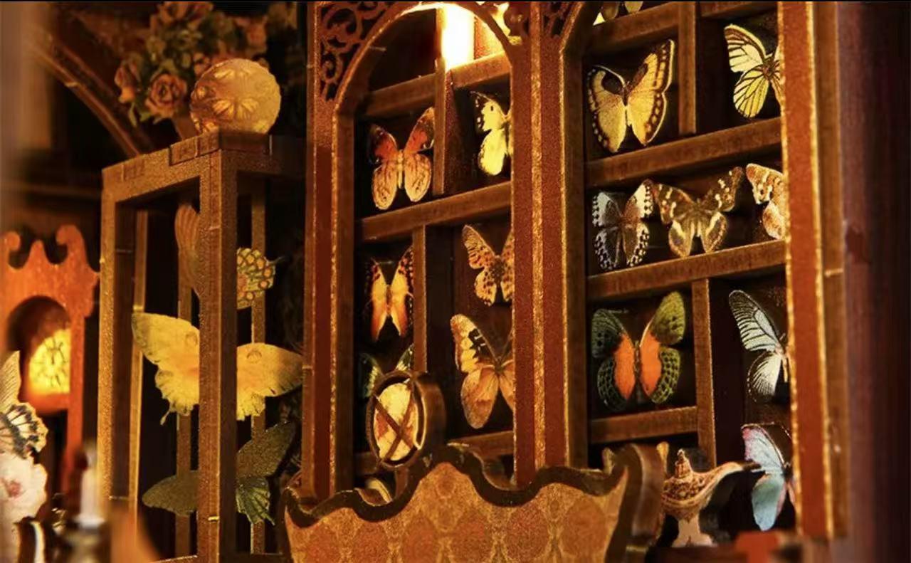 DIY Book Nook Kit 3D Wooden Puzzle Miniature Toy House Book Corner Kit Bookshelf Block Bookshelf Insert Decoration With LED Lights and Glue Suitable for Adults and Teens (Butterfly Collection Room)