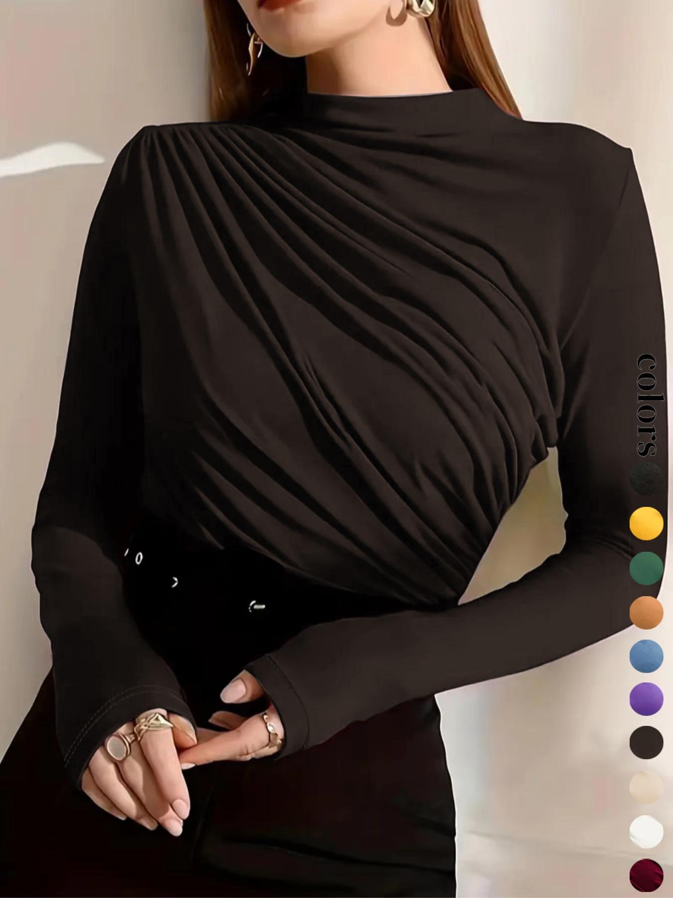 Women's Plain Ruched Mock Neck Tee, Casual Long Sleeve T-Shirt for Daily Wear, Ladies Clothes for All Seasons